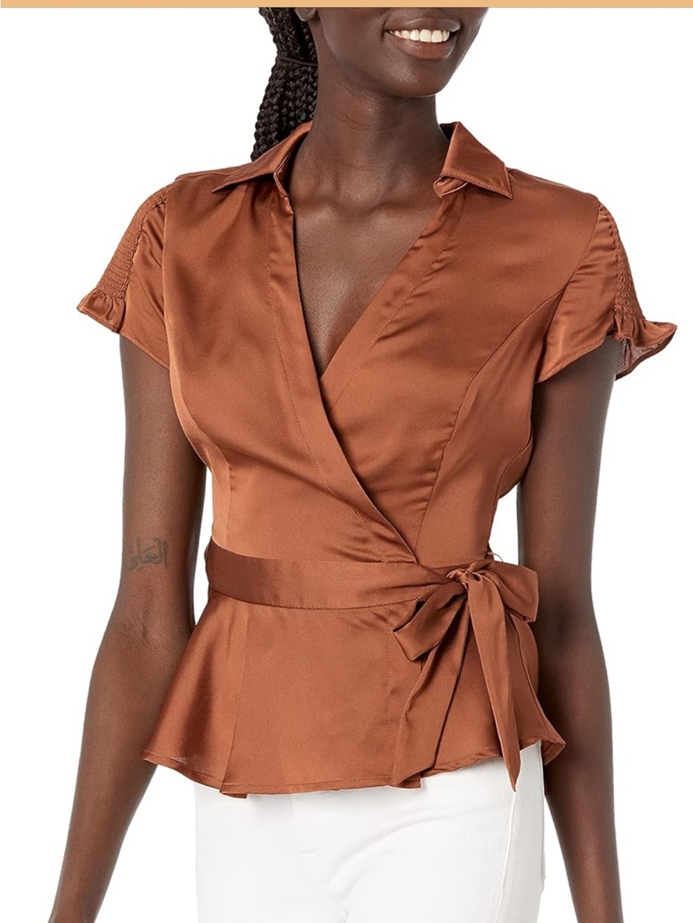 Guess Satin Wrap Peplum Top - Copper
